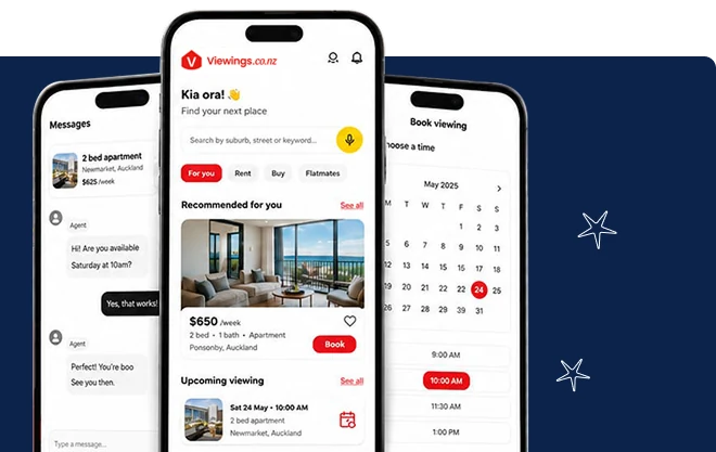 The Viewings app displayed on three phones