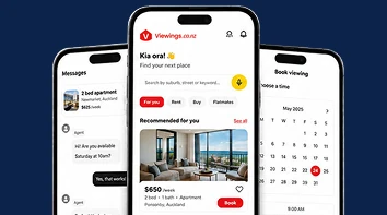 The Viewings app displayed on three phones